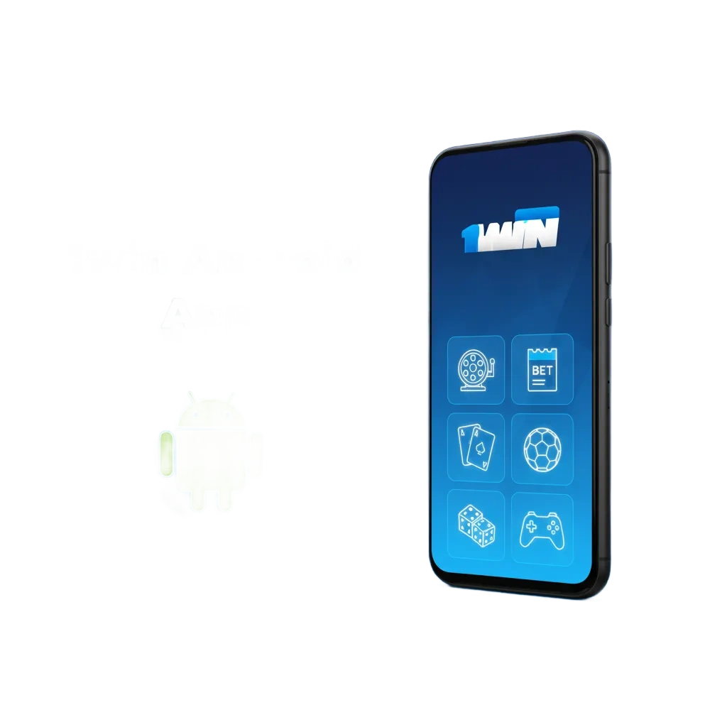 1win Android app graphic with phone screen, betting and casino features, and installation steps for mobile play.