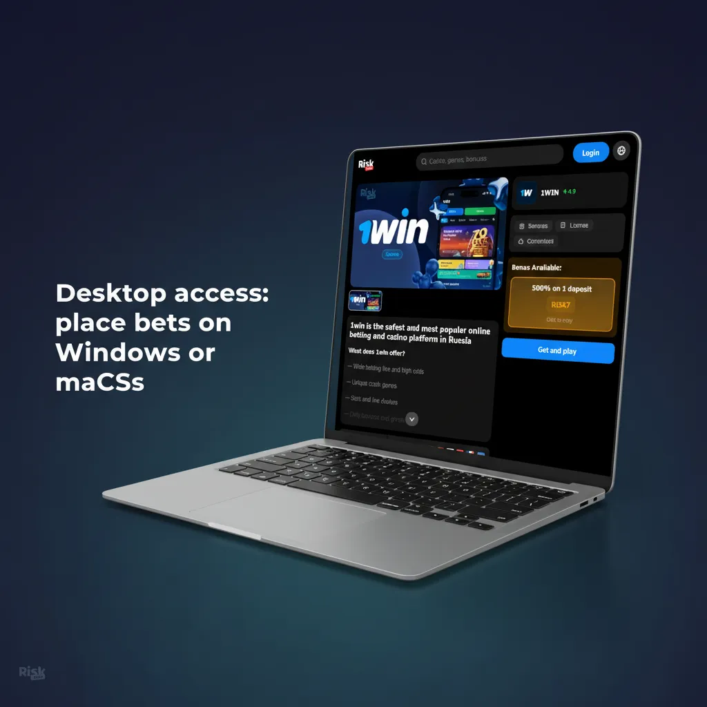 Windows and macOS desktops showing betting website; play via browser, no separate PC client.