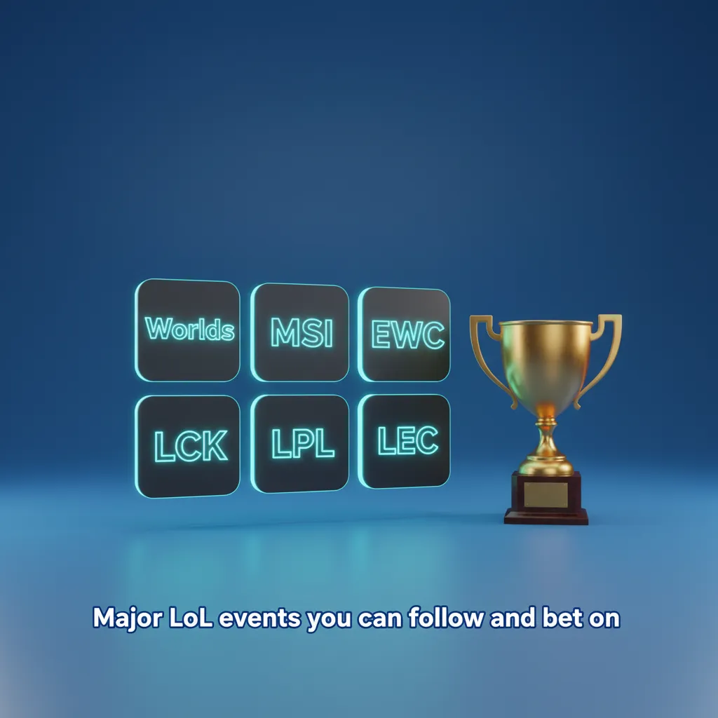 Infographic of major LoL events and leagues to bet on year-round: Worlds, MSI, EWC, LCK, LPL, LEC.
