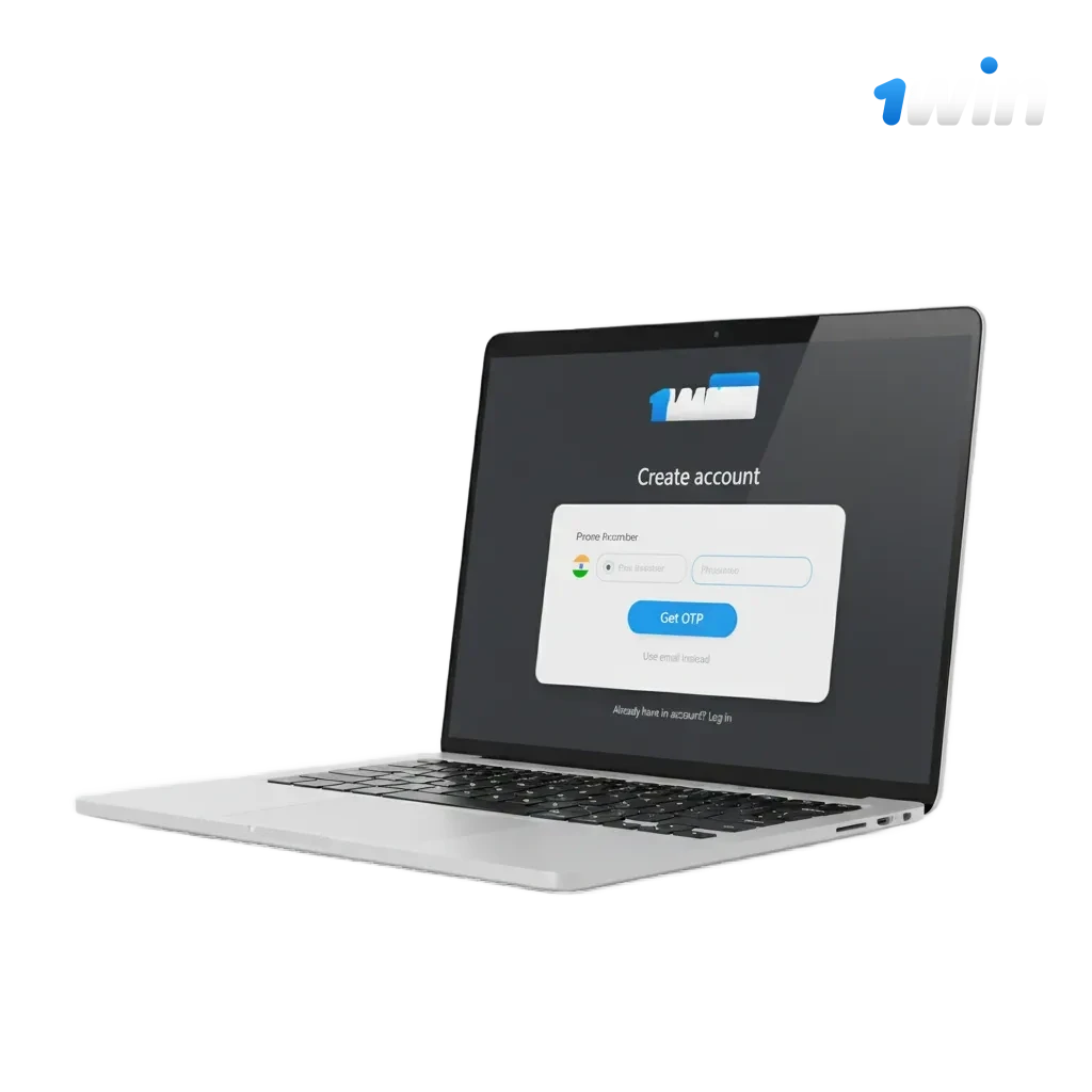 1win registration banner: Register & play in India; phone/email/social signup, 500% bonus up to ₹75,000, casino & sports