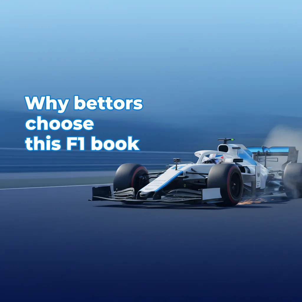 F1 betting graphic with market depth, live session betting, early cash out, fast odds, data tools, and local payments.