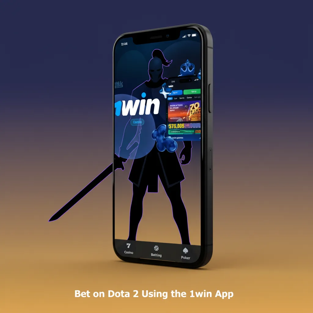 Smartphone with 1win app showing live Dota 2 betting markets, bet slip and alerts; INR via UPI, Paytm, PhonePe icons.