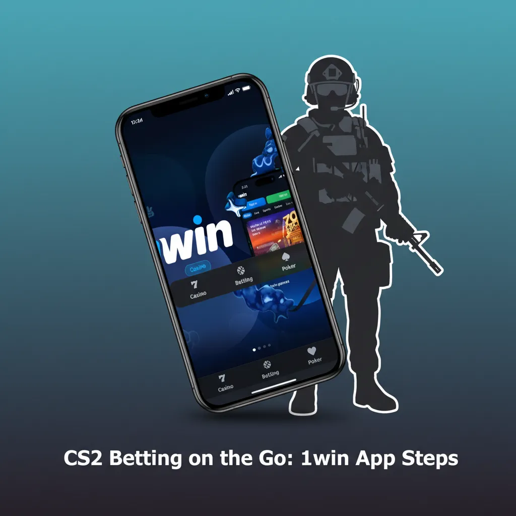 Smartphone displaying 1win app CS2 betting flow: Sports>Esports>CS2, live odds, INR stake, cash out on Android and iOS.