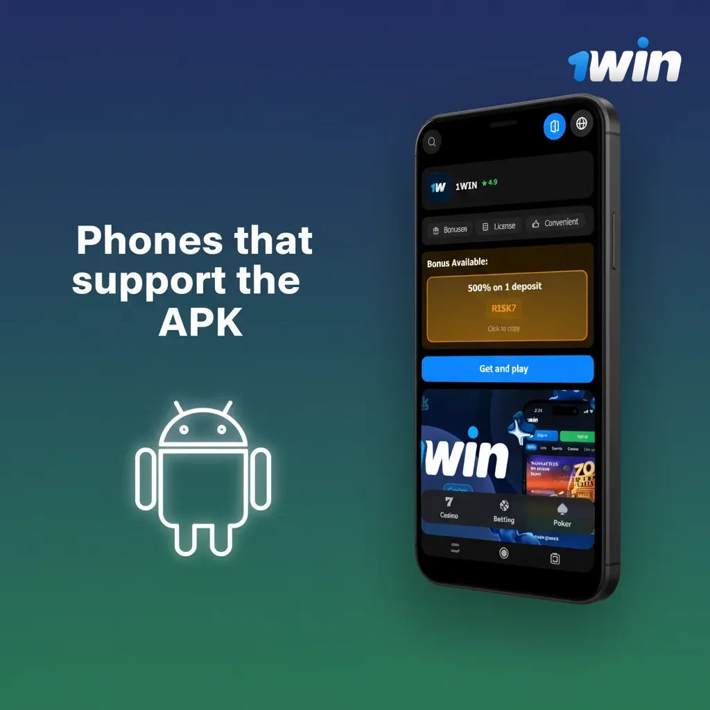 Table listing supported Android phones for 1win APK in India: Samsung S24 series, Pixel 8, OnePlus 12, Xiaomi 14, etc.