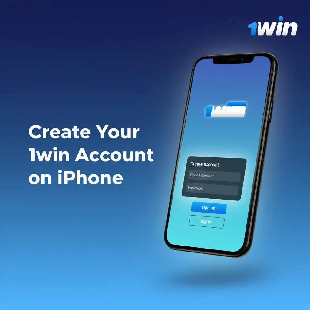 iPhone with 1win sign-up steps: choose phone/email/social, enter details, add promo code, accept 18+, verify OTP/email.