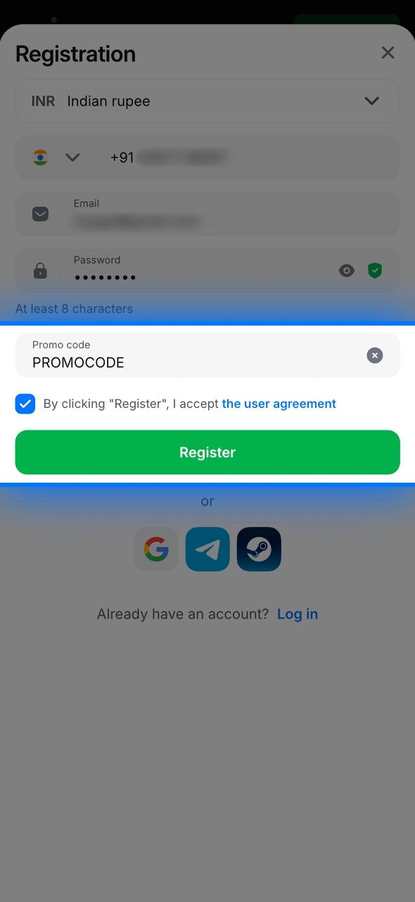 Enter the code into the promo field to activate your 1win mobile welcome bonus.
