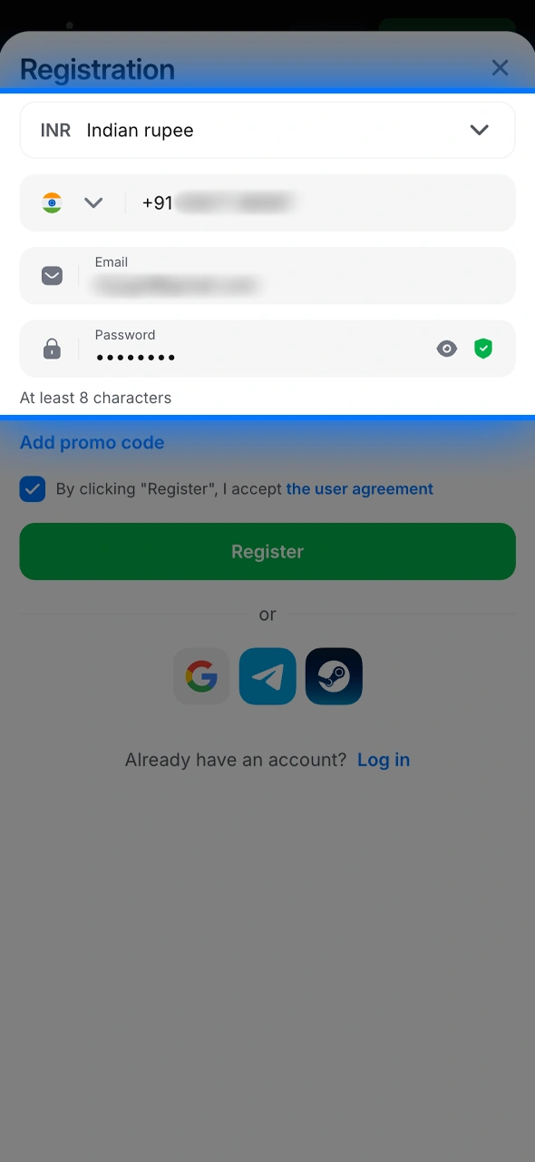 Fill in your details including your phone number and currency for 1win India.