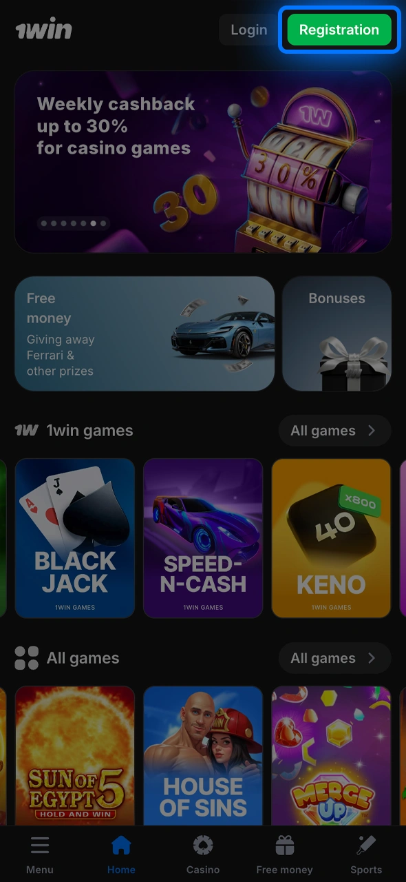 Open registration by tapping the Registration button inside the 1win iOS app.