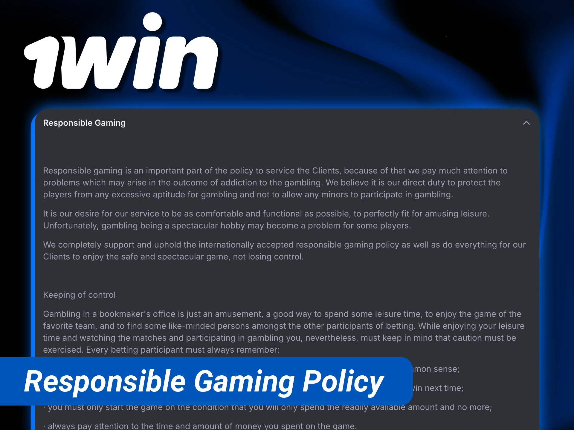 Read the 1win responsible gaming policy to ensure a safe and fun environment.