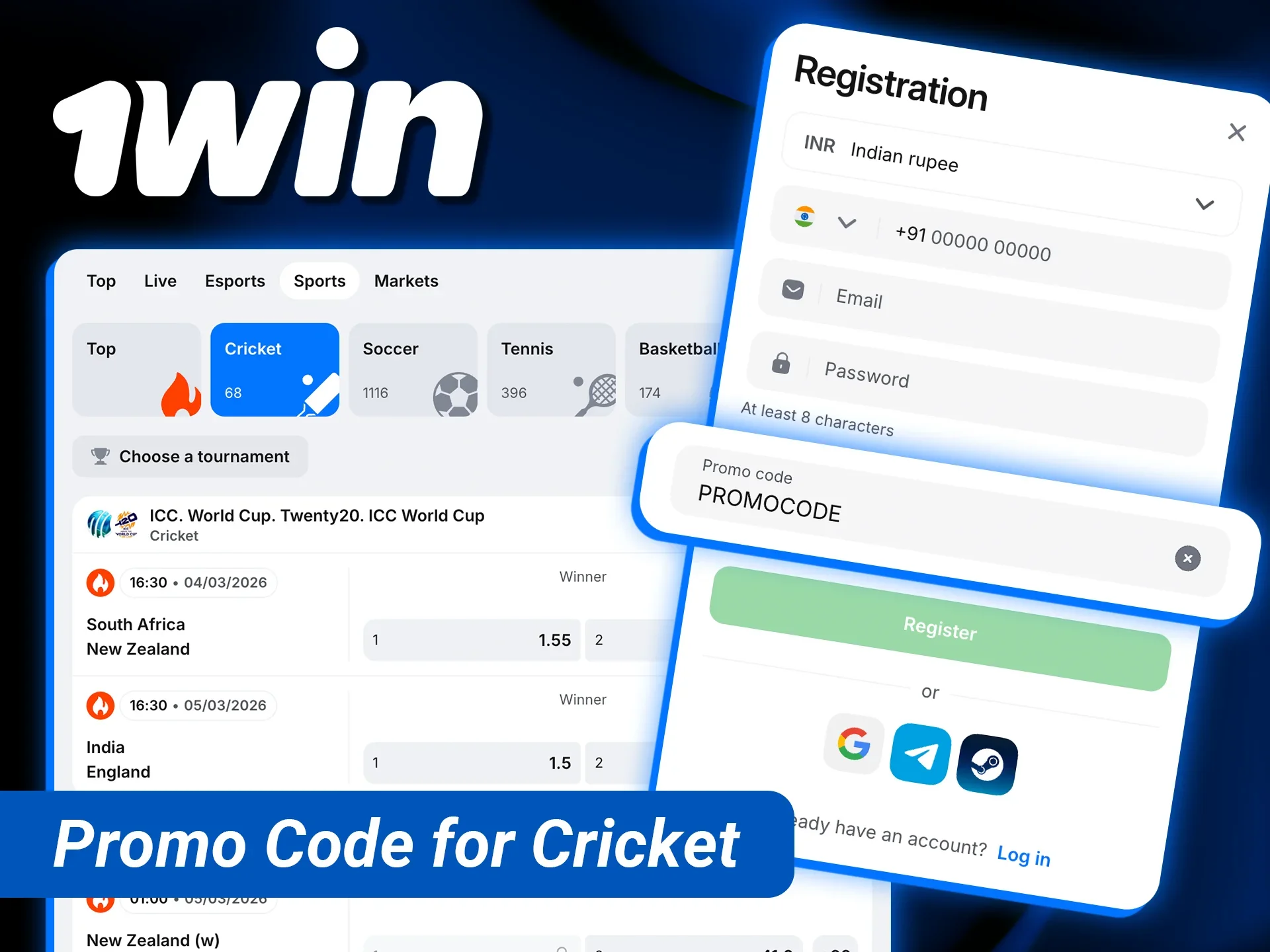 Use the valid India current promo code for cricket to unlock special 1win offers.