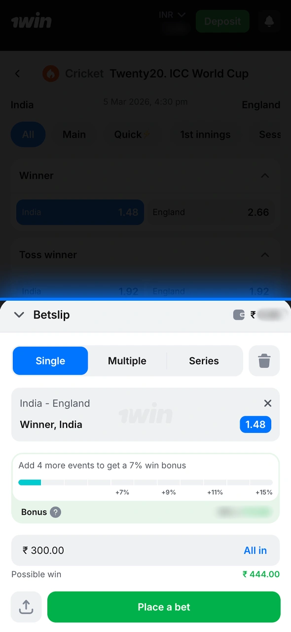 Confirm the slip after entering your stake to finalize your 1win cricket wager.