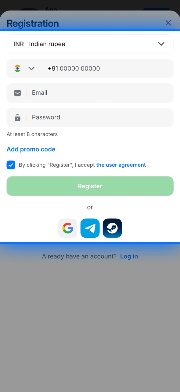 Create your profile by clicking the registration button and filling in your details.