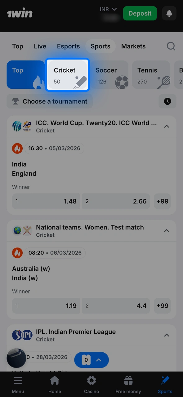Find the sport section in the 1win menu and select Cricket from the list.