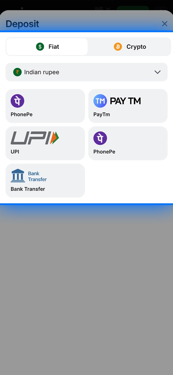 Select your preferred method from the list of available 1win payment options.
