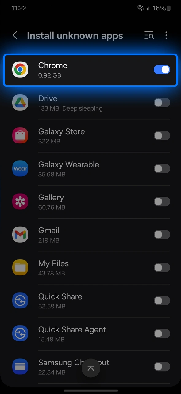 Go to settings and allow unknown sources to enable the 1win APK installation.