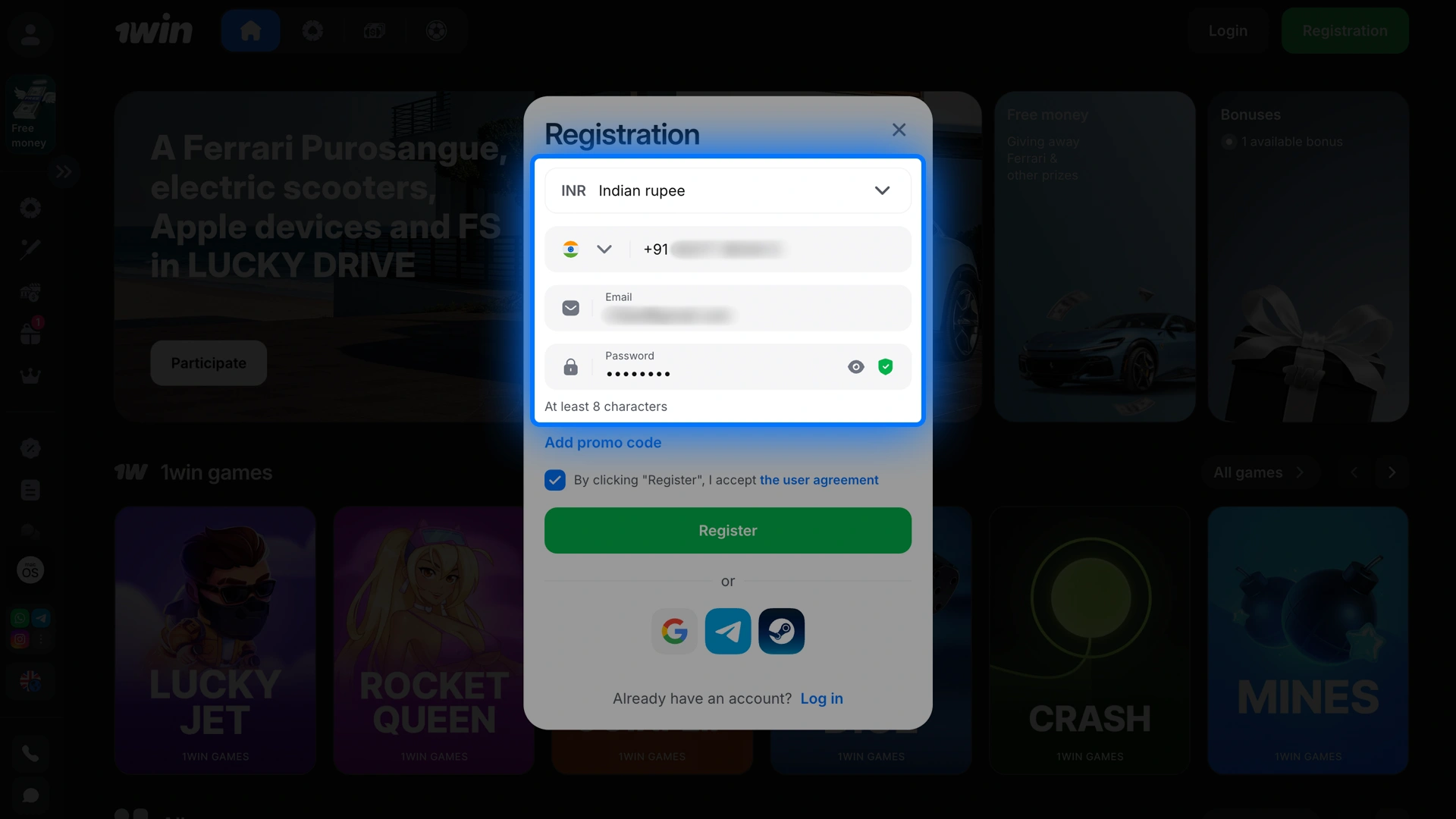 Fill in your details including currency and contact info to create a 1win profile.