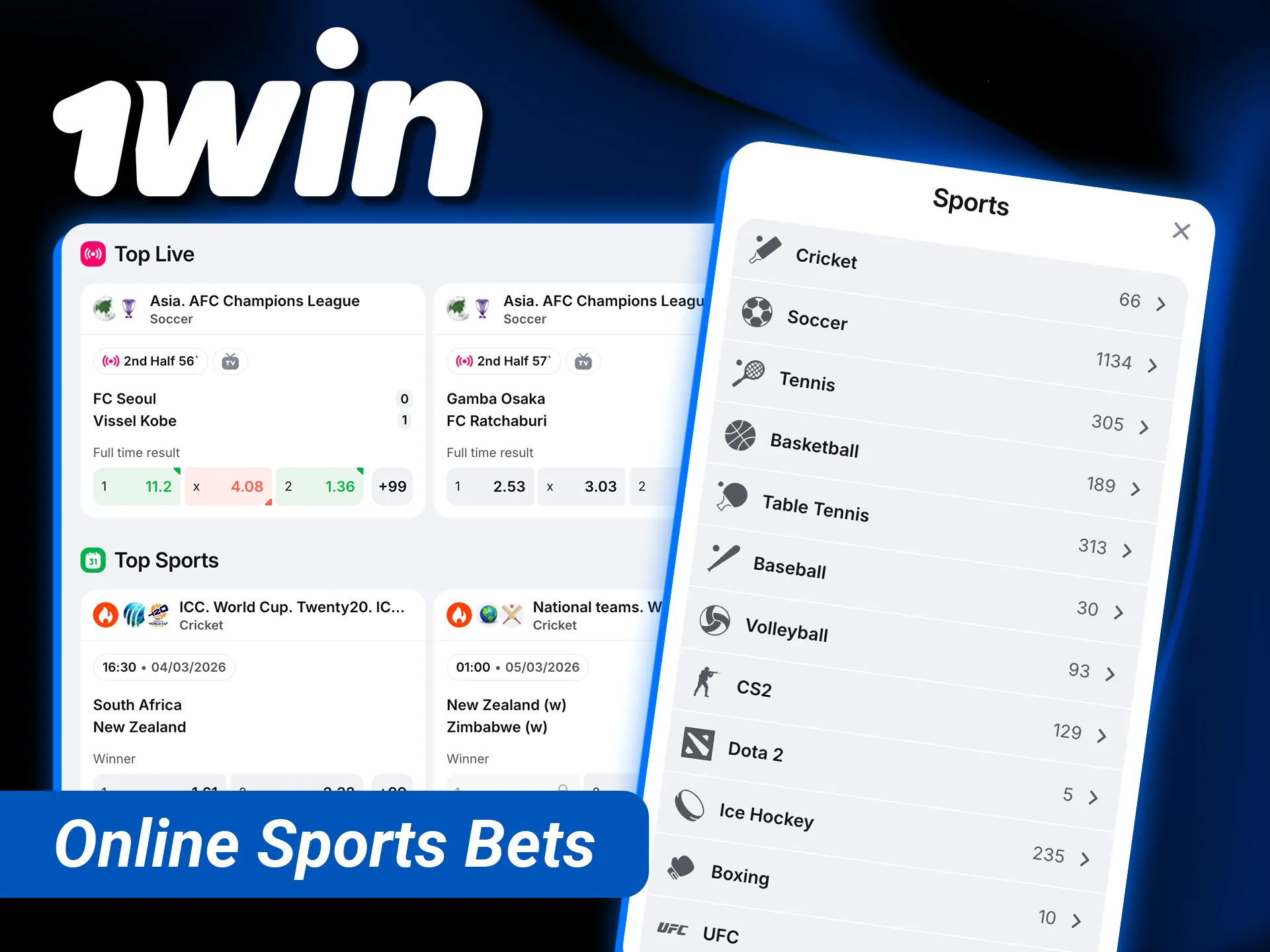Access the 1win India homepage to place sports bets online and play casino games.