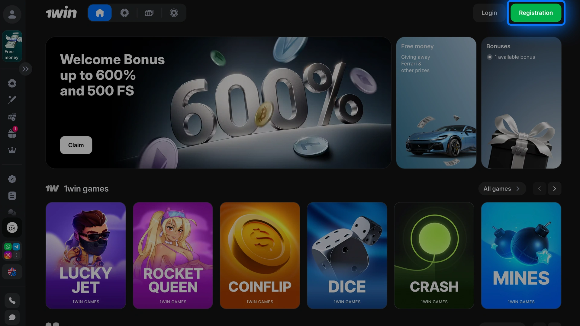 Open the sign up window by clicking the green button on the 1win homepage.