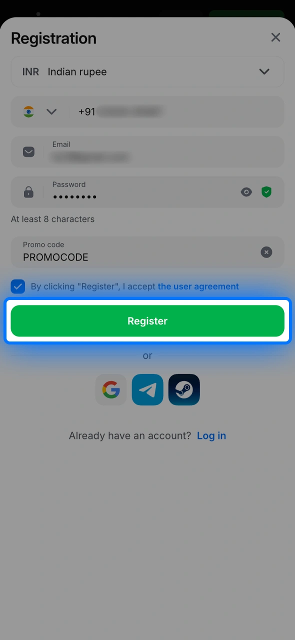 Confirm account creation to finalize the 1win sign-up and claim your bonus.