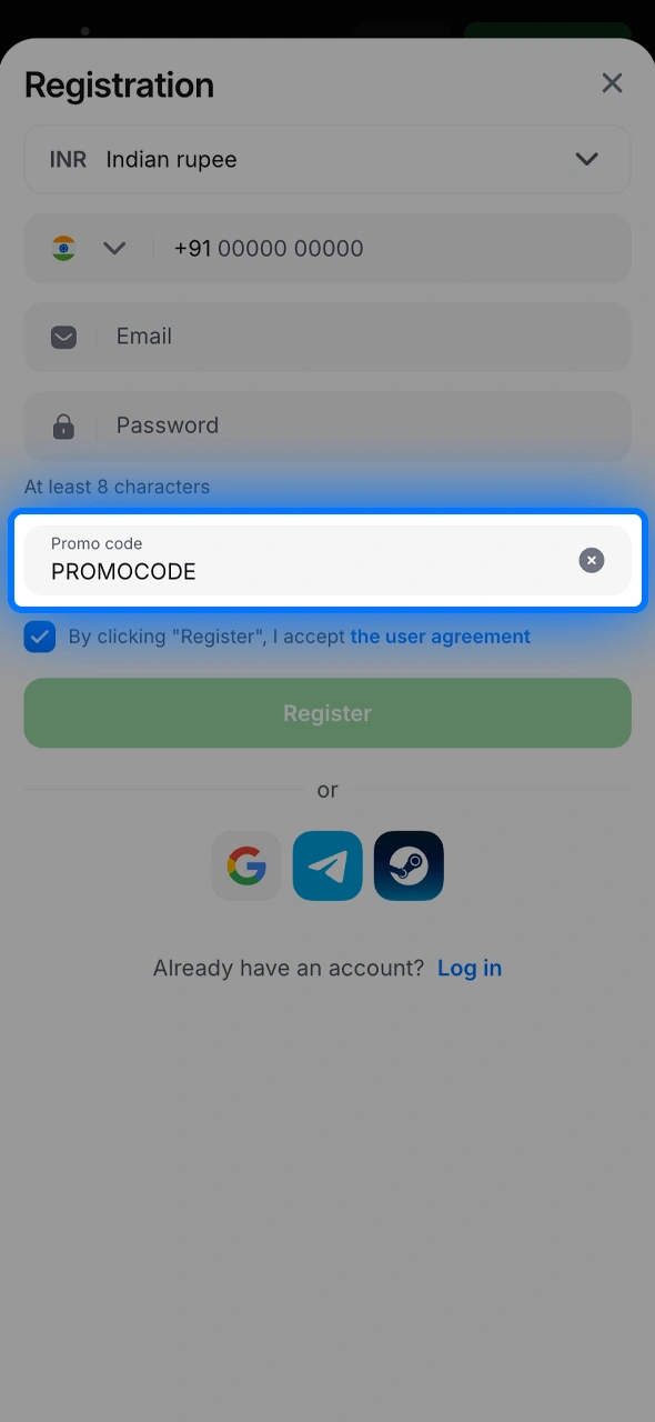 Enter the bonus code manually to unlock your 1win welcome rewards.