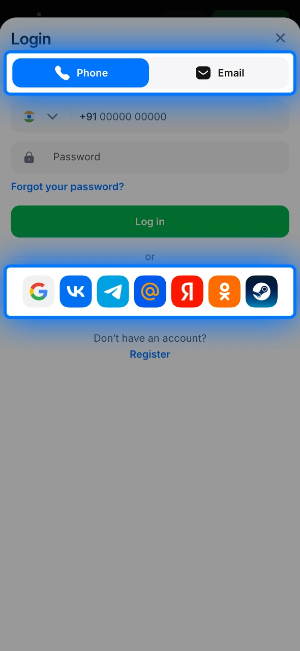 Choose your method for logging in, such as via email, phone, or social media.