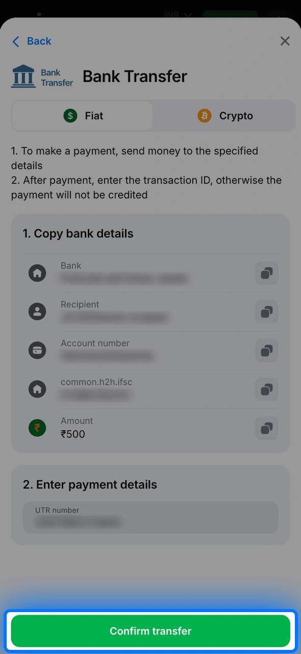 Confirm the transaction to see your funds added to your 1win balance instantly.