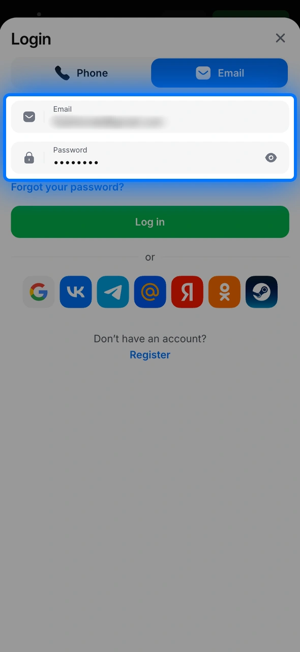 Enter your data including your password and account identifier carefully.
