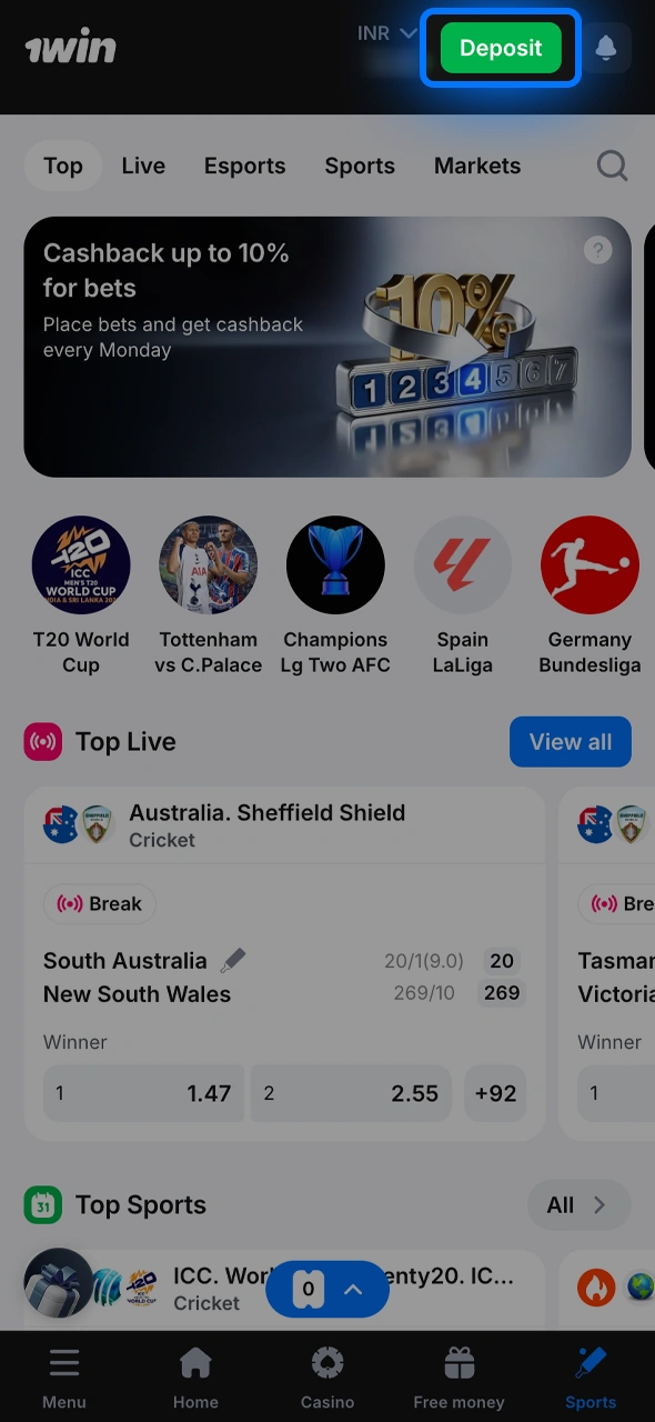 Go to the cashier section by clicking the deposit icon in your 1win account.