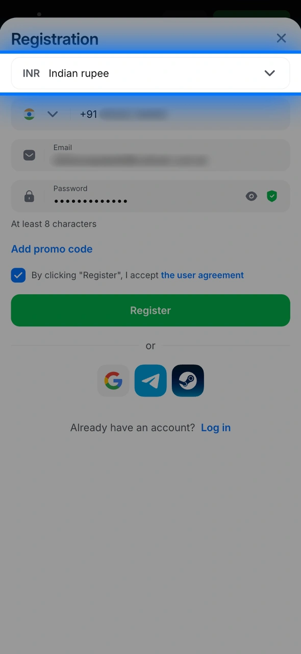 Set up your 1win account by choosing your currency and entering your contact info.