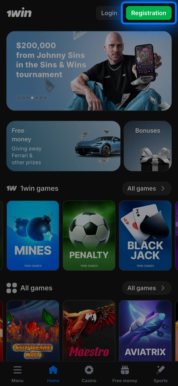 Start the 1win register process by clicking the green button on the official site.
