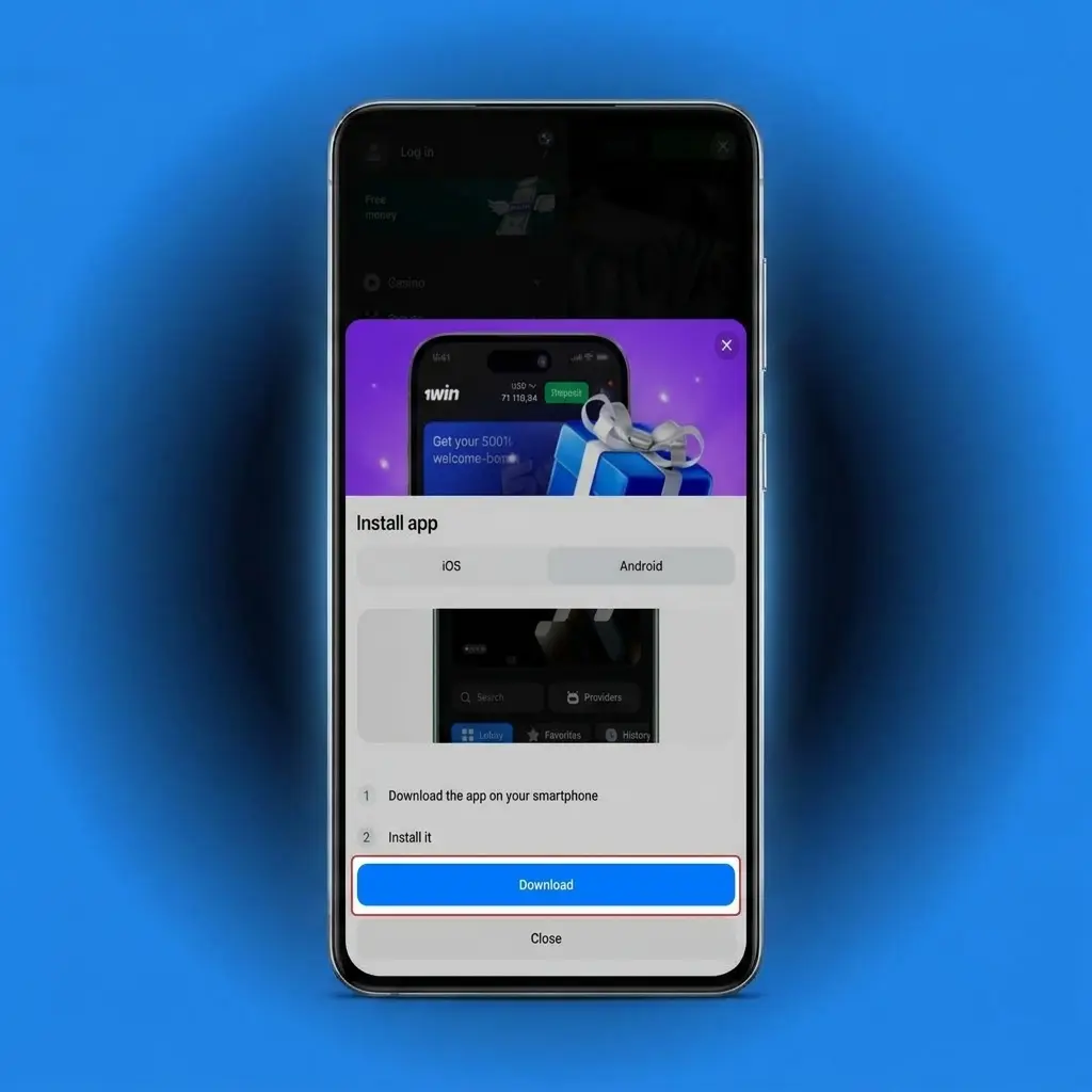 1win APK download guide for Android showing 3 easy installation steps on a smartphone screen