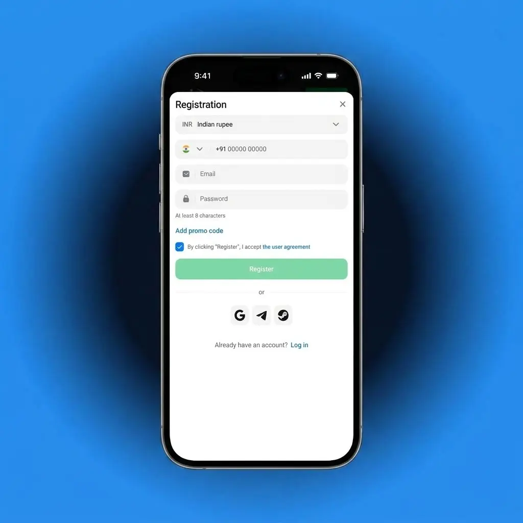 1win iOS app dark interface with blue accents and bottom navigation for Sports, Casino, Promotions, and Payments