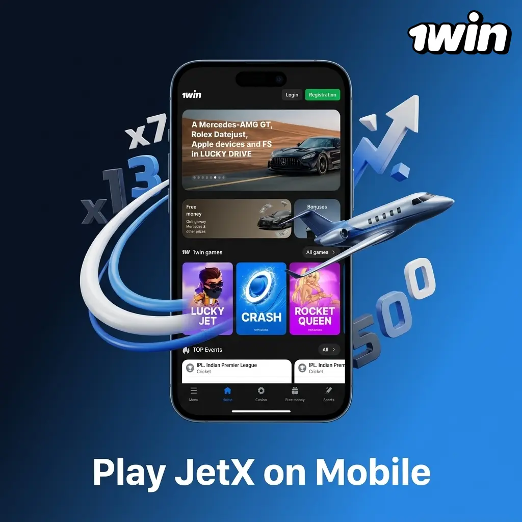 Play JetX on mobile via 1win's browser or Android app with easy bet controls, cash out, and UPI payments