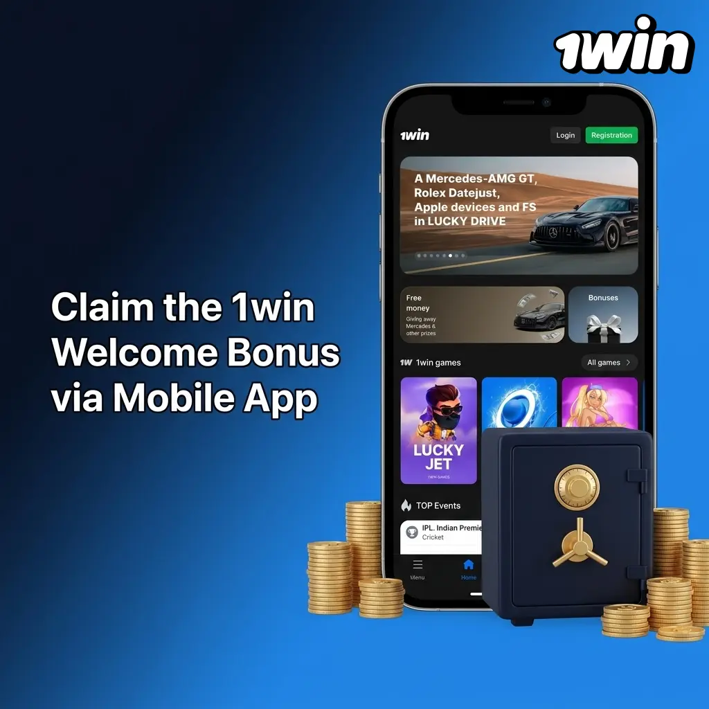 1win mobile app screen showing deposit options and welcome bonus toggle for claiming bonus and free spins