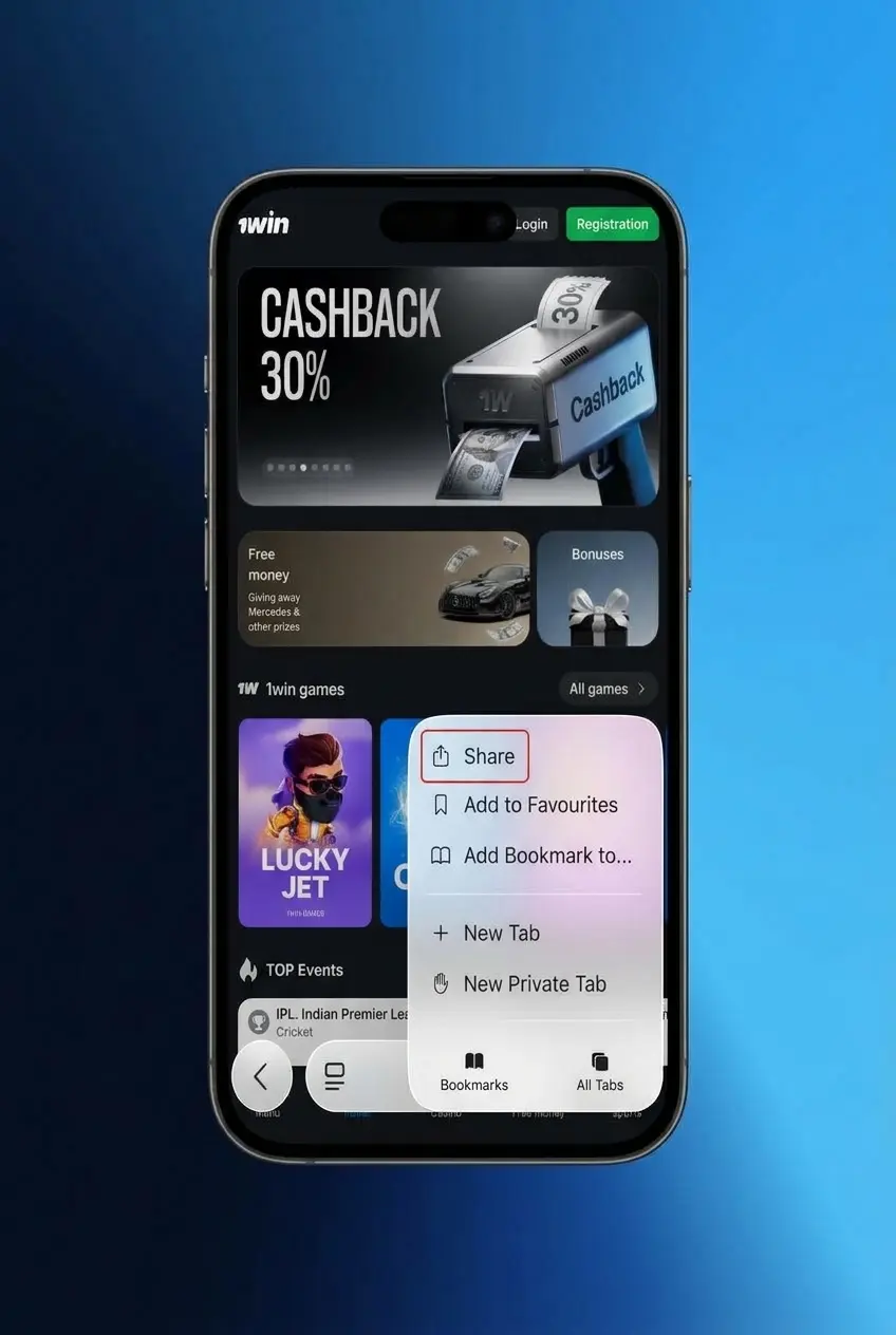1win iOS PWA setup guide showing steps to add the app to your Safari home screen for betting and casino access.