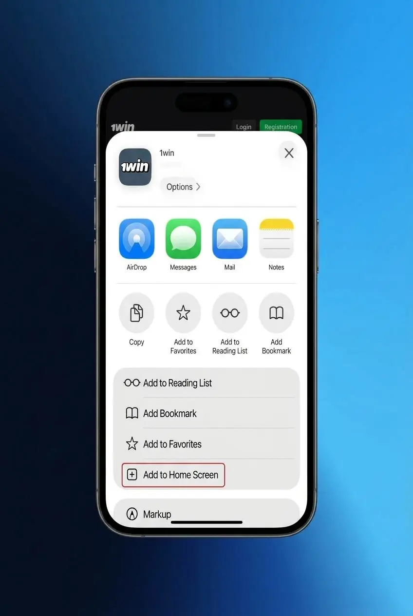 Step-by-step guide showing how to install 1win iOS PWA via Safari and add it to the home screen