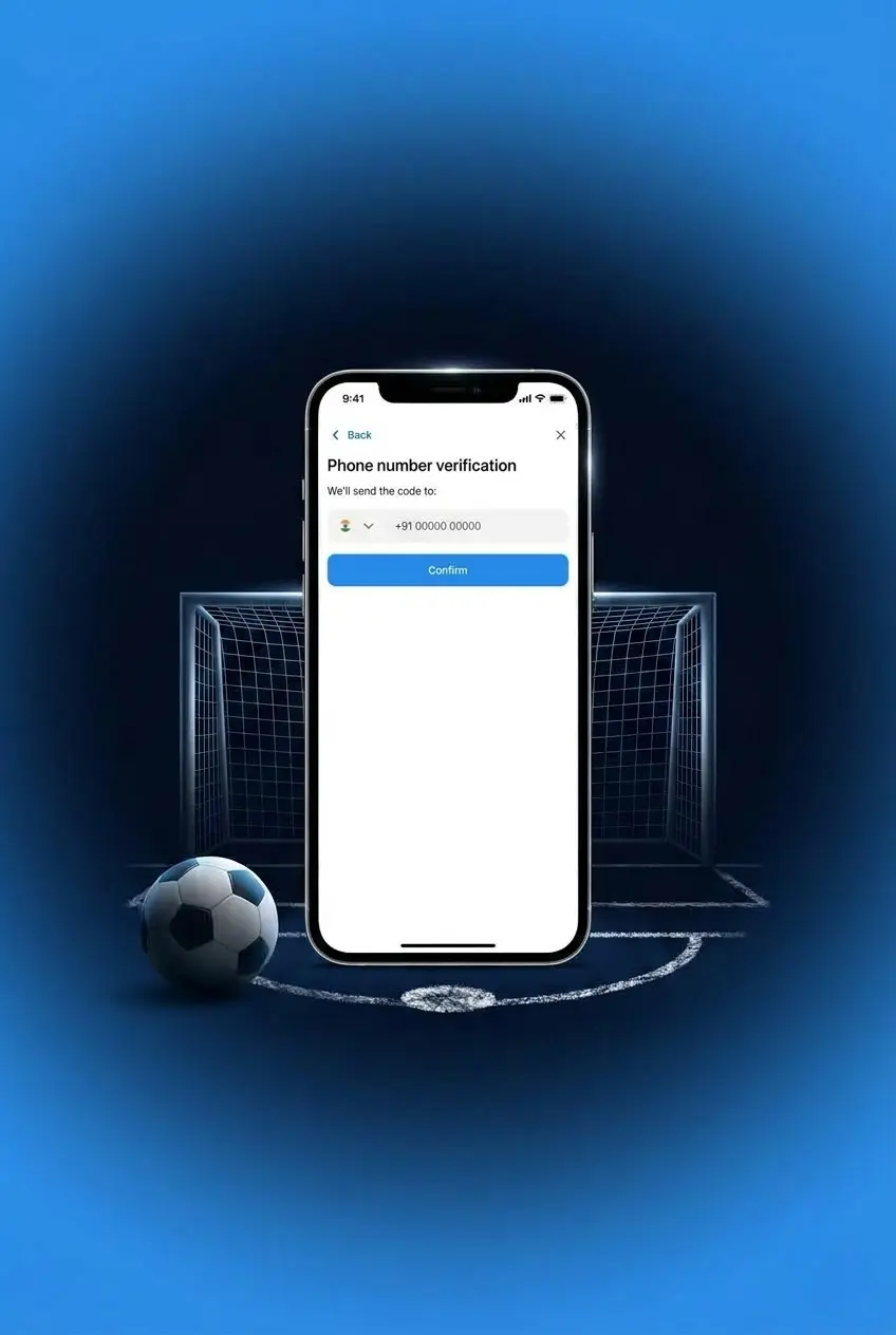 1win registration step 2: smartphone screen showing account details form with mobile number, password, and INR currency selection