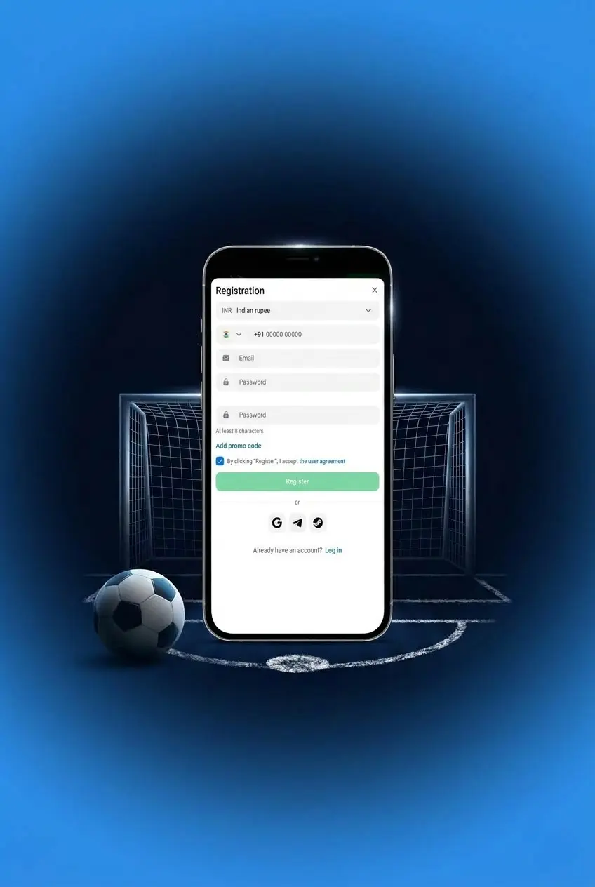 Step 1 of 1win registration: tap sign up, enter details, set INR currency, and verify account to play Penalty Shoot Out.